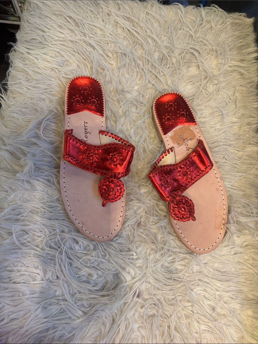 Jack Rogers Red Metallic Leather Miller Sandals
